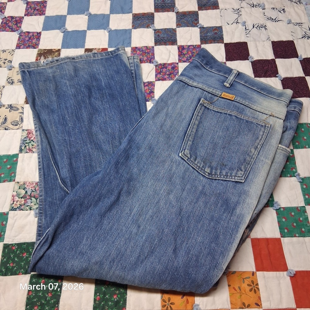 Vintage Thrashed Rustler Wrangler Jeans Sun Bleached Fade Patched Size 42x28